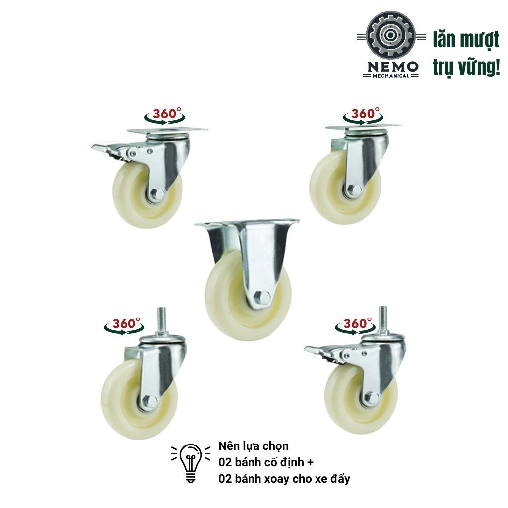 Bánh xe đẩy hàng nylon, mặt bích, cọc vít, chịu hóa chất, 7cm, 10cm, 12cm: